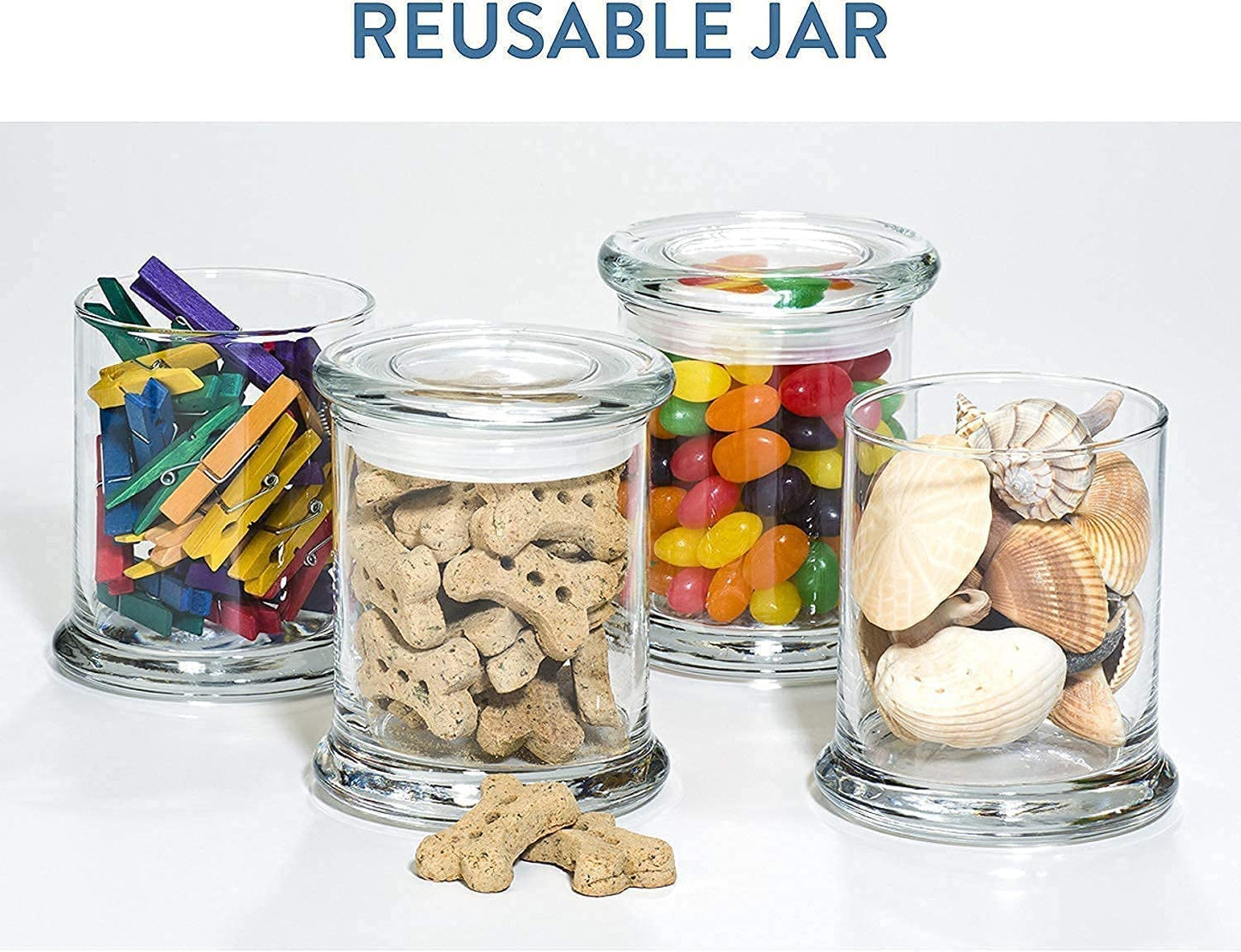 4 candle jars filled with various household items to show the possible uses of the reusable jar 