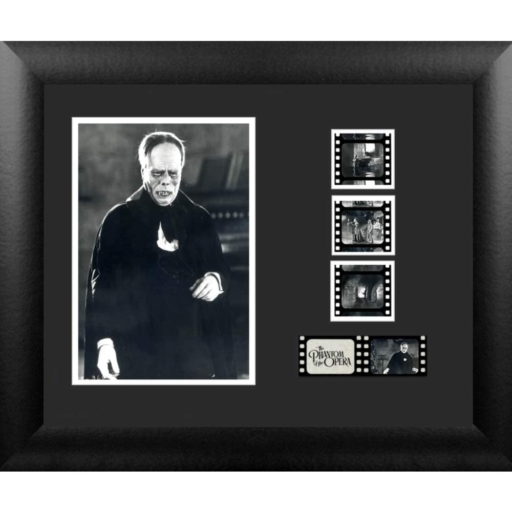 A Phantom of the opera fill cell framed presentation which includes a black and white photo as well as film cell negatives from the 1925 movie.