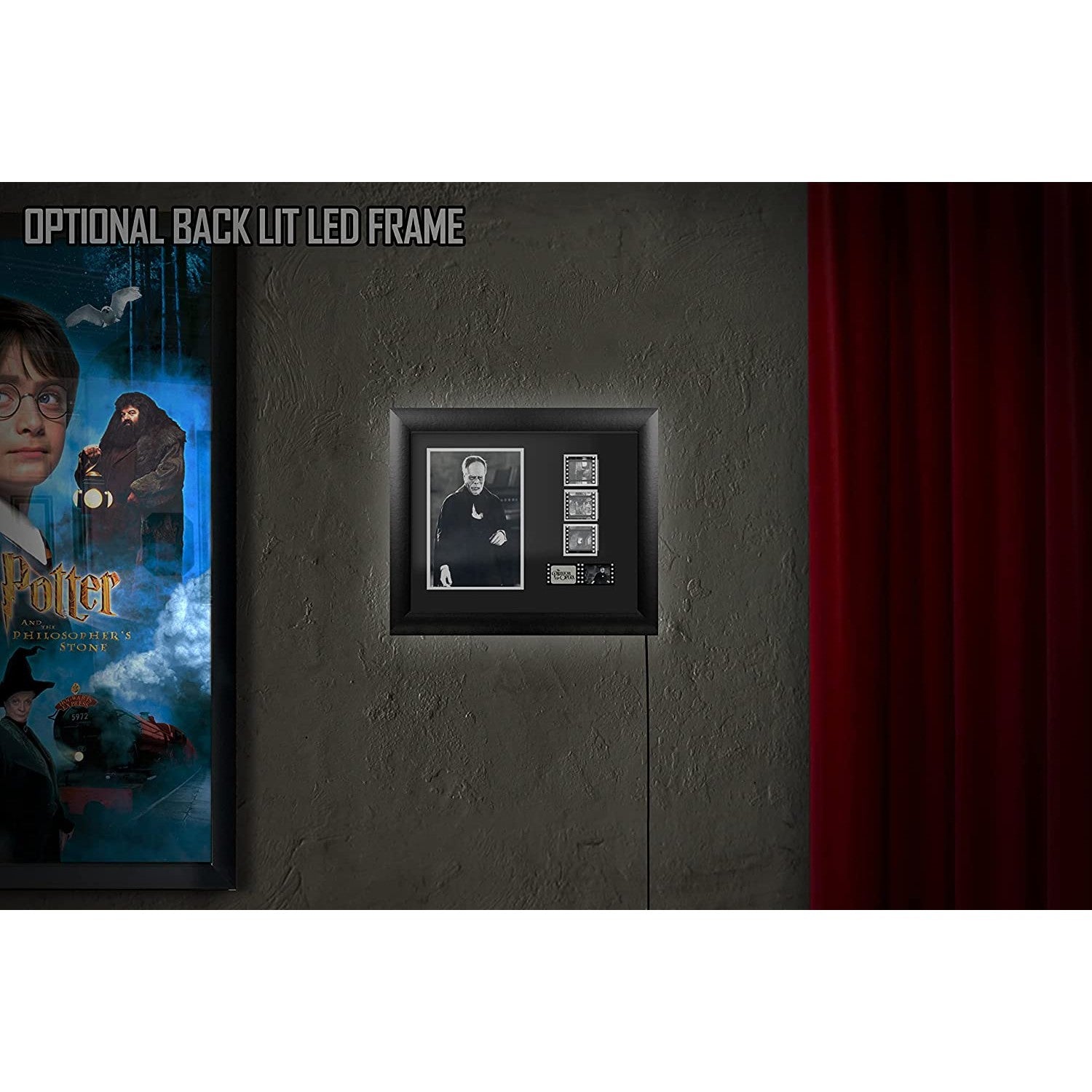 A Phantom of the Opera framed film cell presentation piece is hanging on a wall. The text reads, 'Optional back lit LED frame.'