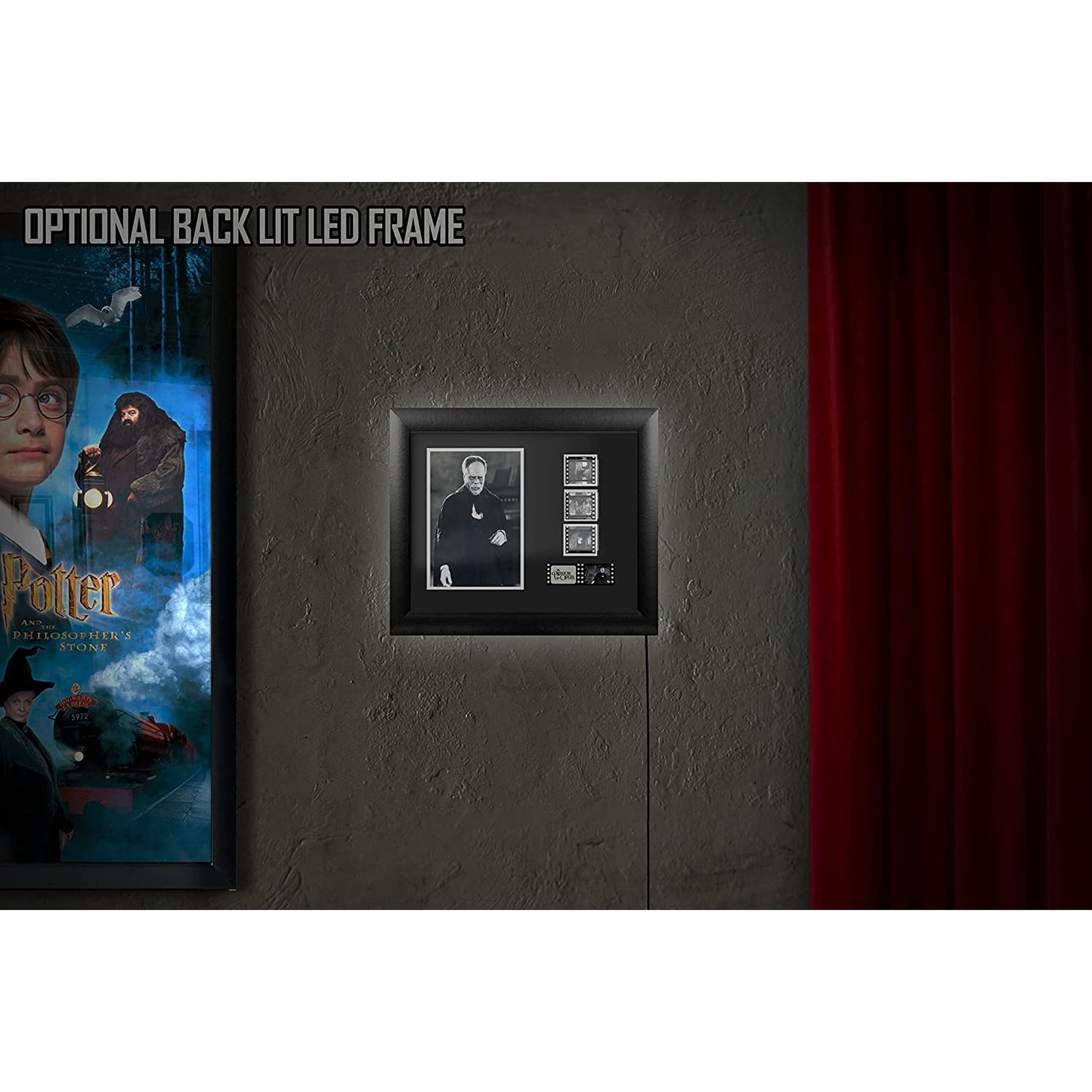 A Phantom of the Opera framed film cell presentation piece is hanging on a wall. The text reads, 'Optional back lit LED frame.'