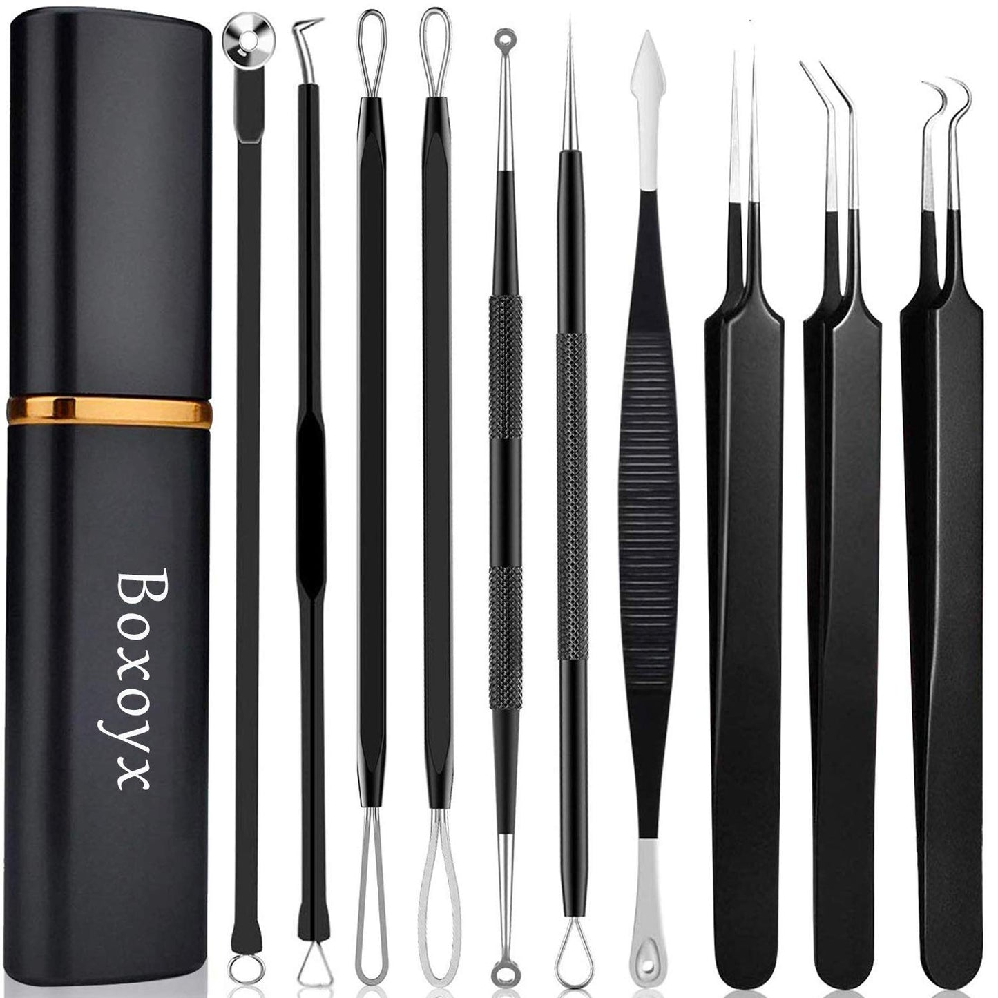 A set of ten pimple popper tools along with a carry case for the tools.