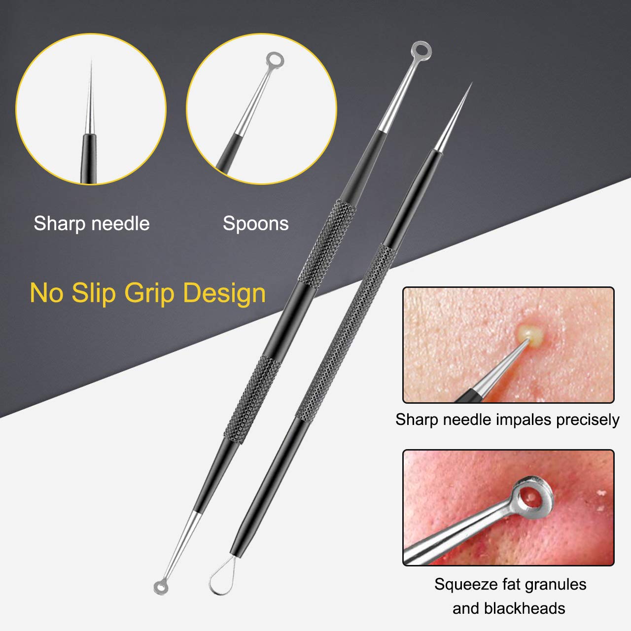 A closeup image of two pimple popper tools. There is text which reads, 'No slip grip design.' There are two smaller inset images of the tools being used on pimples.
