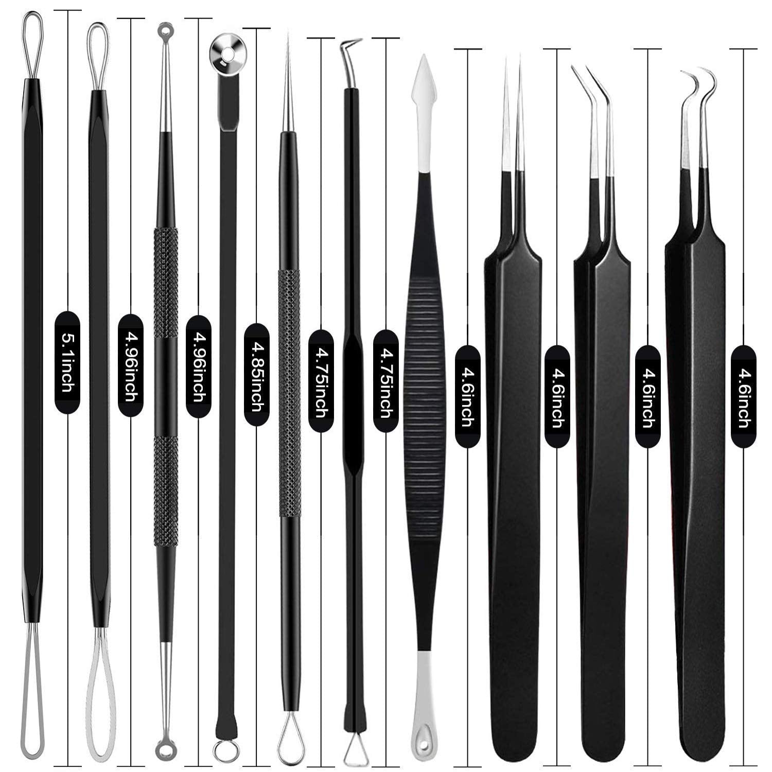 Size measurements for 10 pimple popper tools. The sizes range from, 4.6 inches to 5.1 inches.