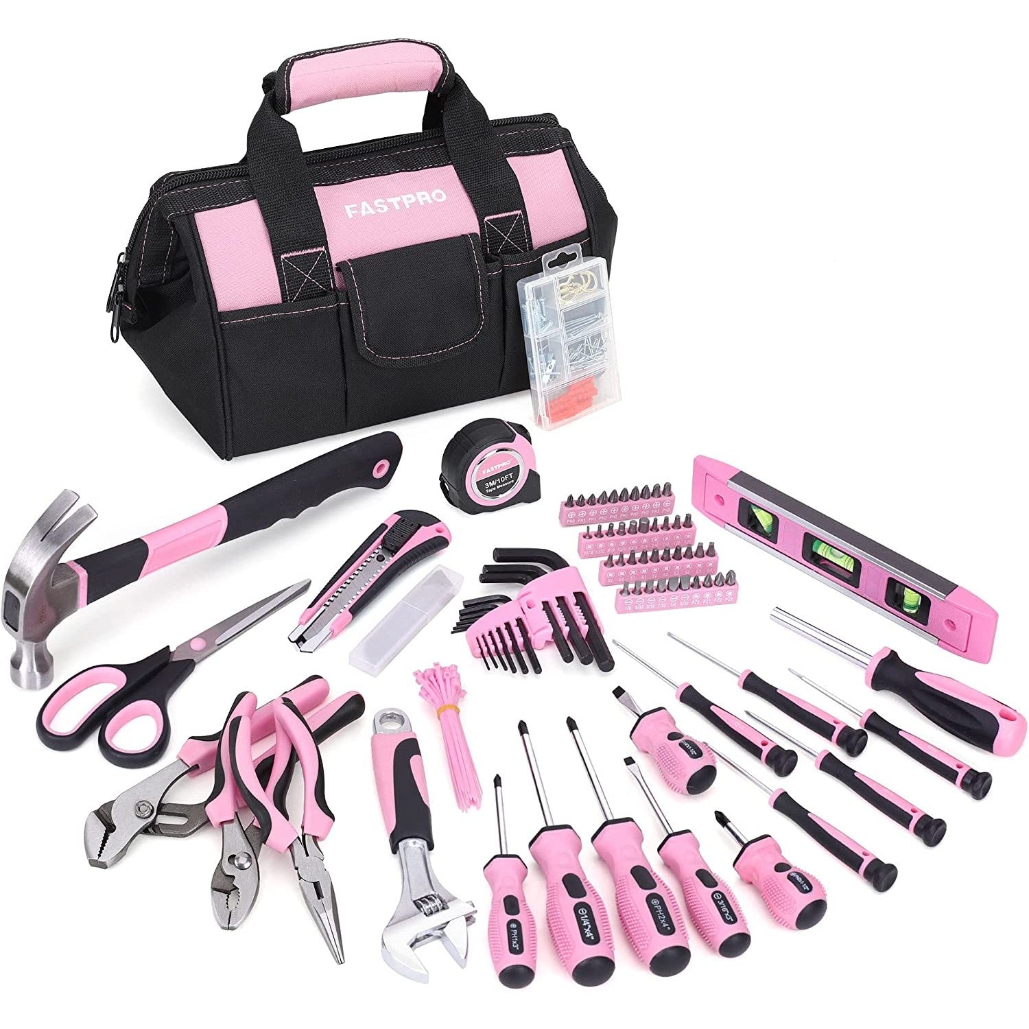 A ladies pink 220-piece tool set with a black and pink storage bag. Various pink and black tools are laid out in front of the bag.