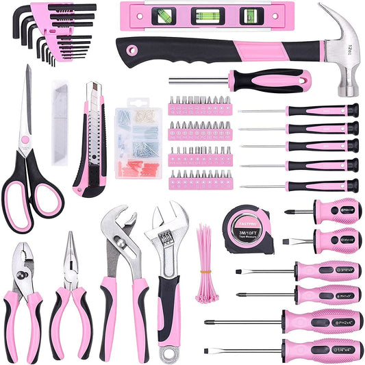 Various pink DIY tools are laid out. The tools are part of a 220 piece ladies pink tool set.