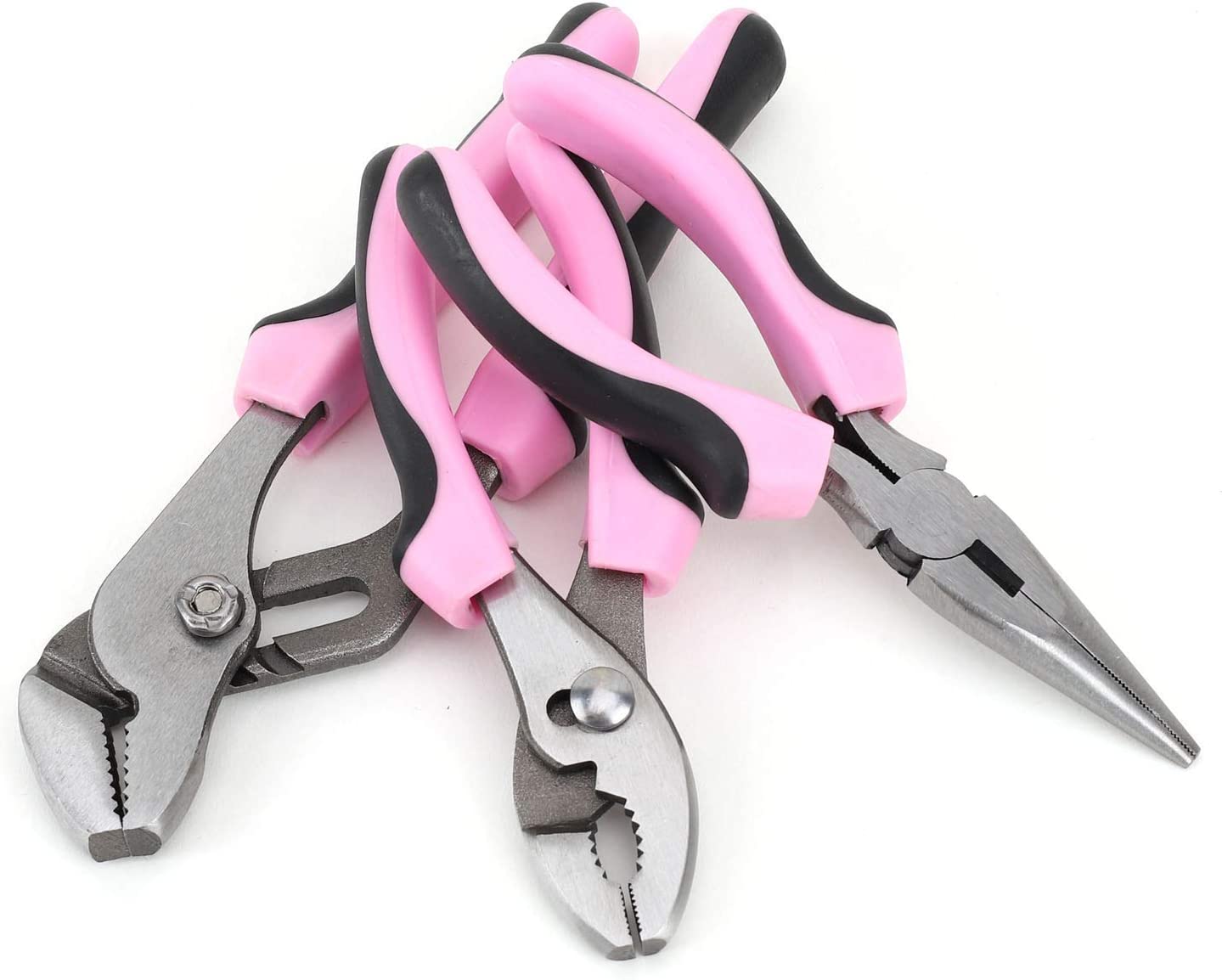 Three pink and black ladies DIY tools are laid out on a white background.