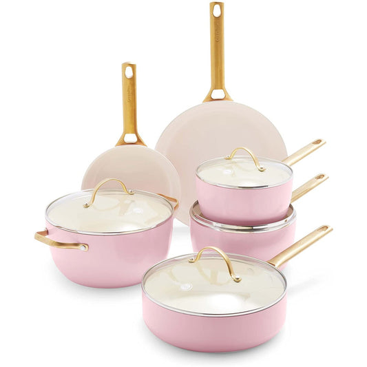 A 10 piece pot and dinner cookware set in pink.