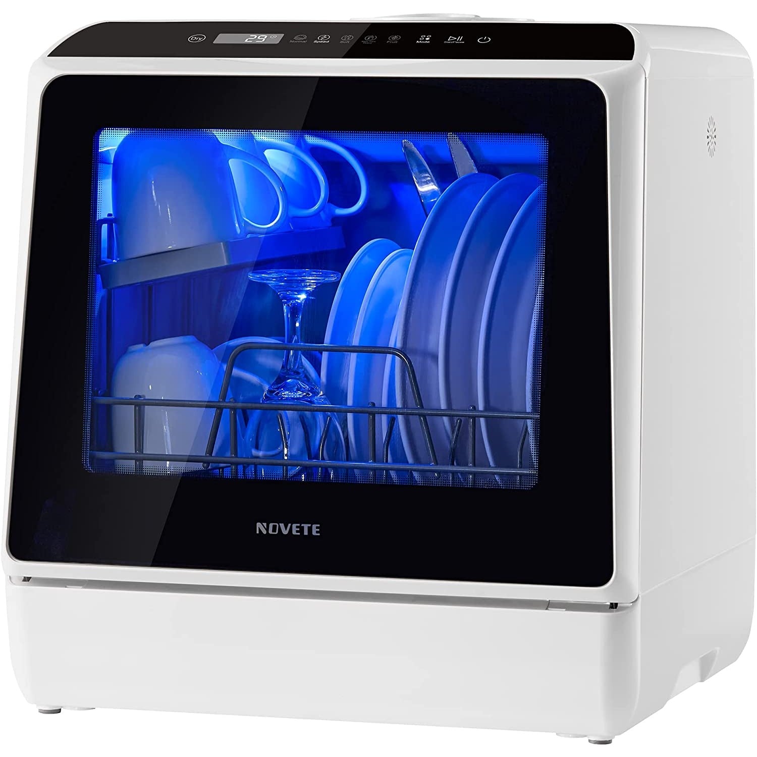 A compact portable dishwasher full of clean dishes with a blue light inside.
