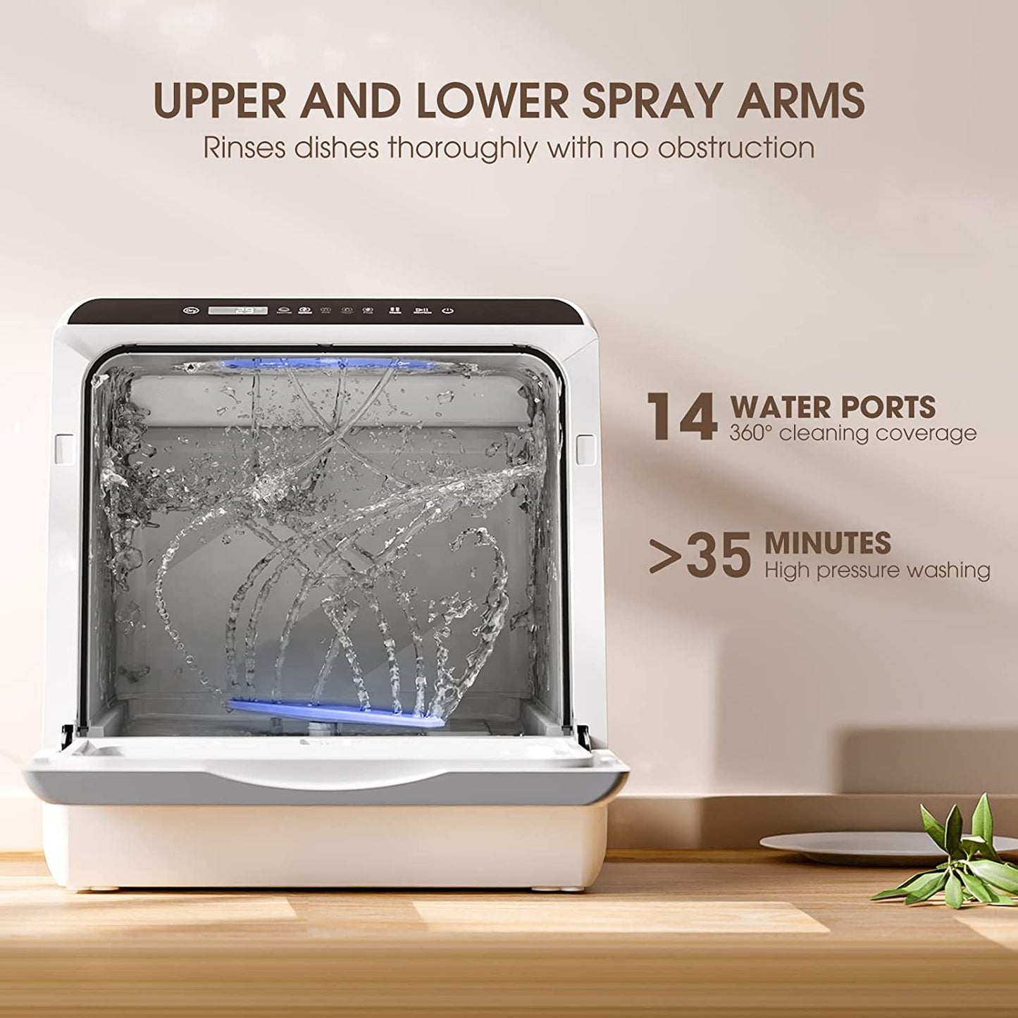 A compact portable dishwasher on a wooden benchtop.