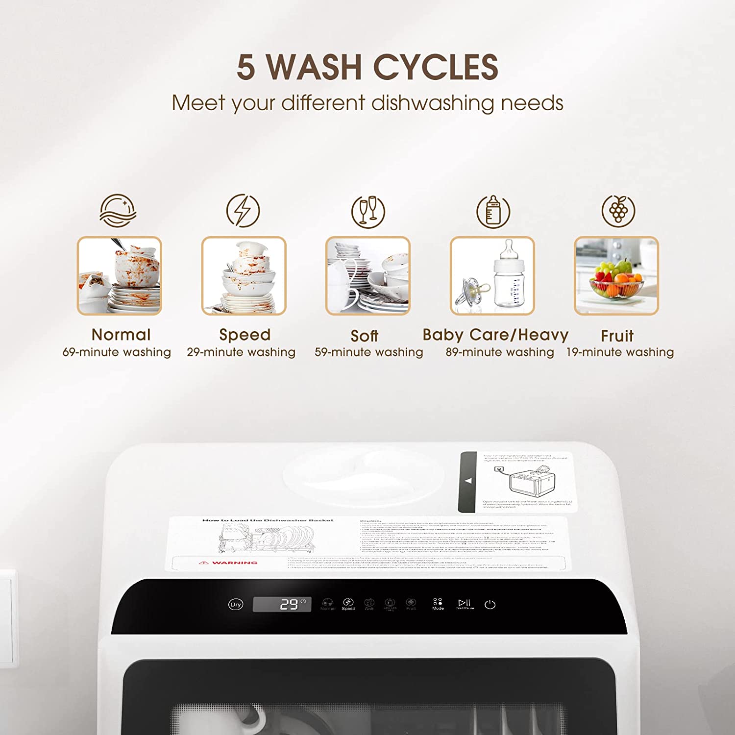Detailed product information about a compact portable dishwasher.
