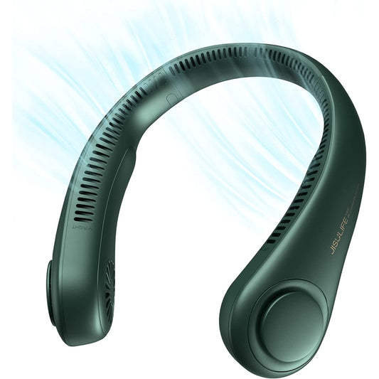 A black portable wearable neck fan with a simulated breeze coming out of the vents.