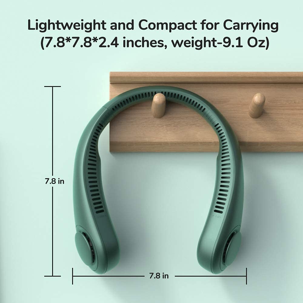 A green portable, neck fan hanging on a wooden rack. The text says, "Lightweight and compact for carrying, weight 9.1 Oz)'