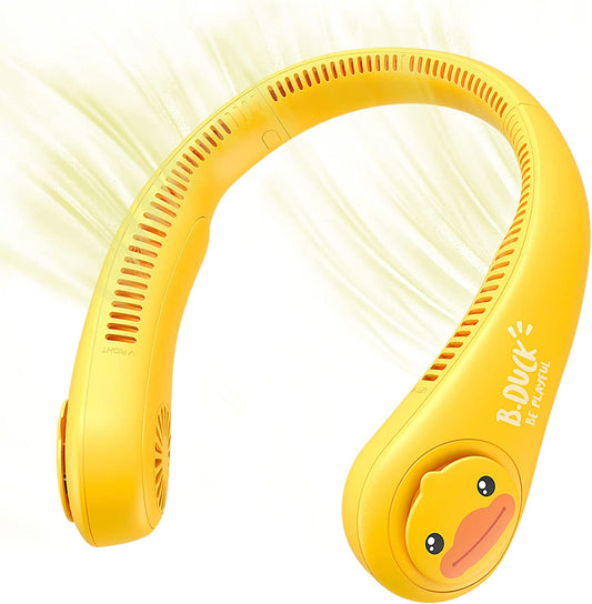 A yellow wearable neck fan designed to be worn around your neck to keep you cool.