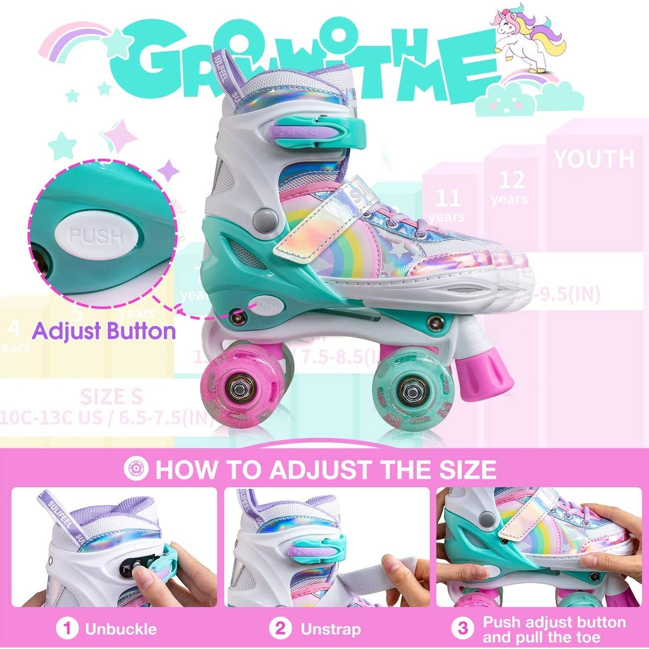 Instructions on how to adjust the size on a pair of kids rainbow unicorn roller skates.