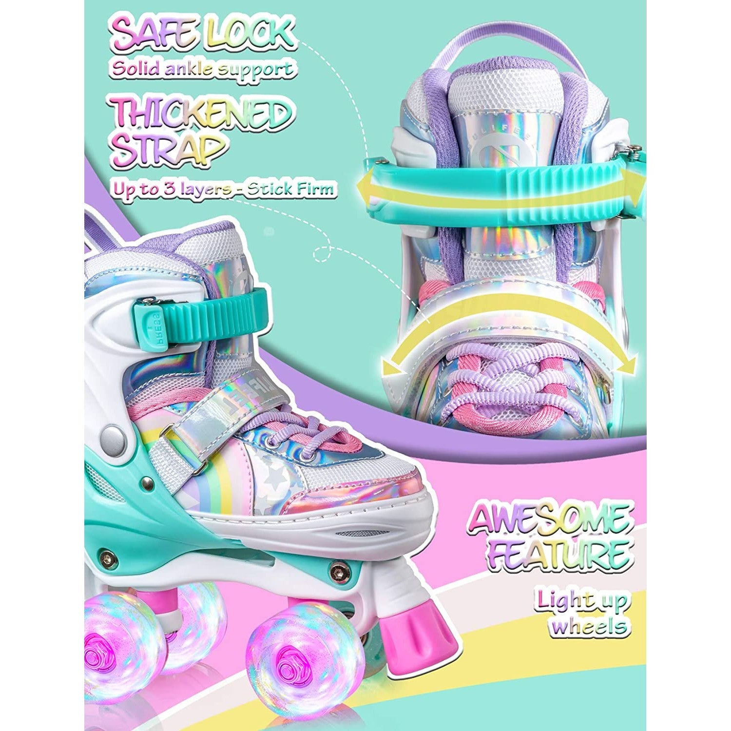 Product information for a pair of kids rainbow unicorn roller skates.