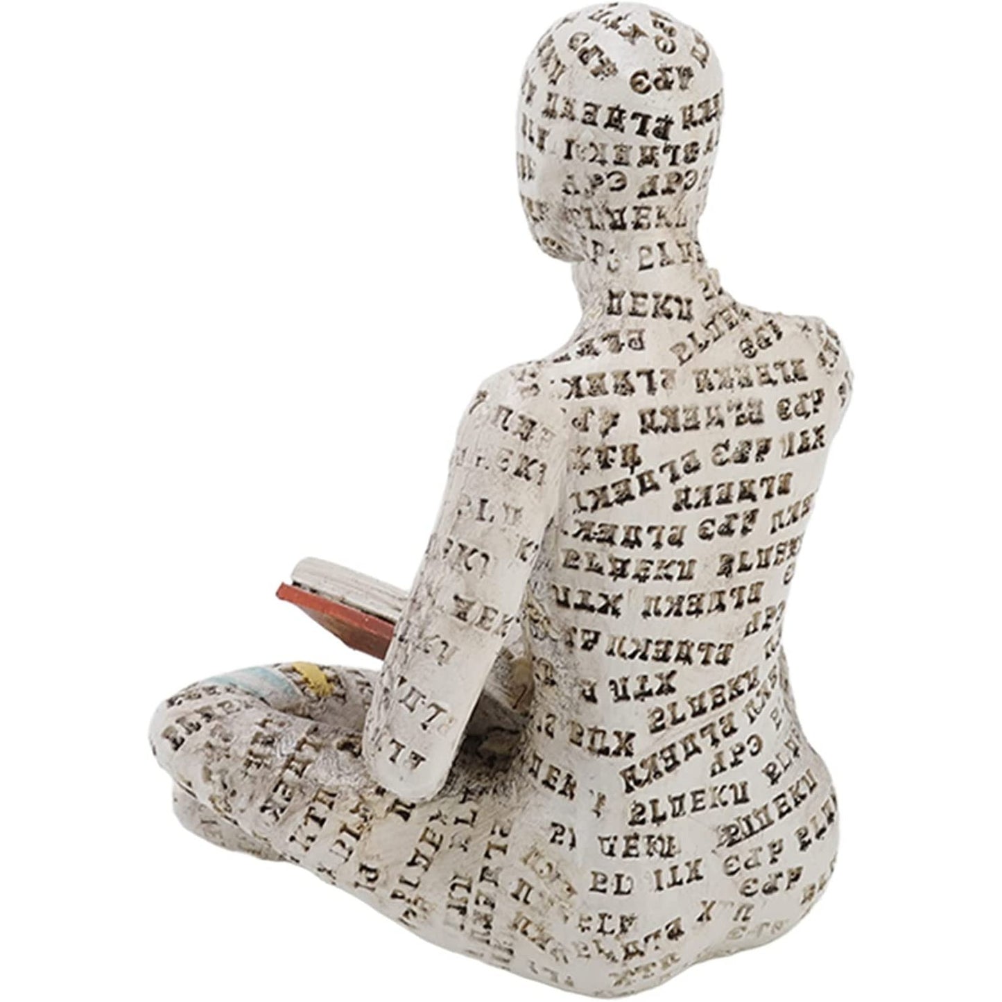 The back of a female sculpture. It looks like her body is wrapped in book pages.