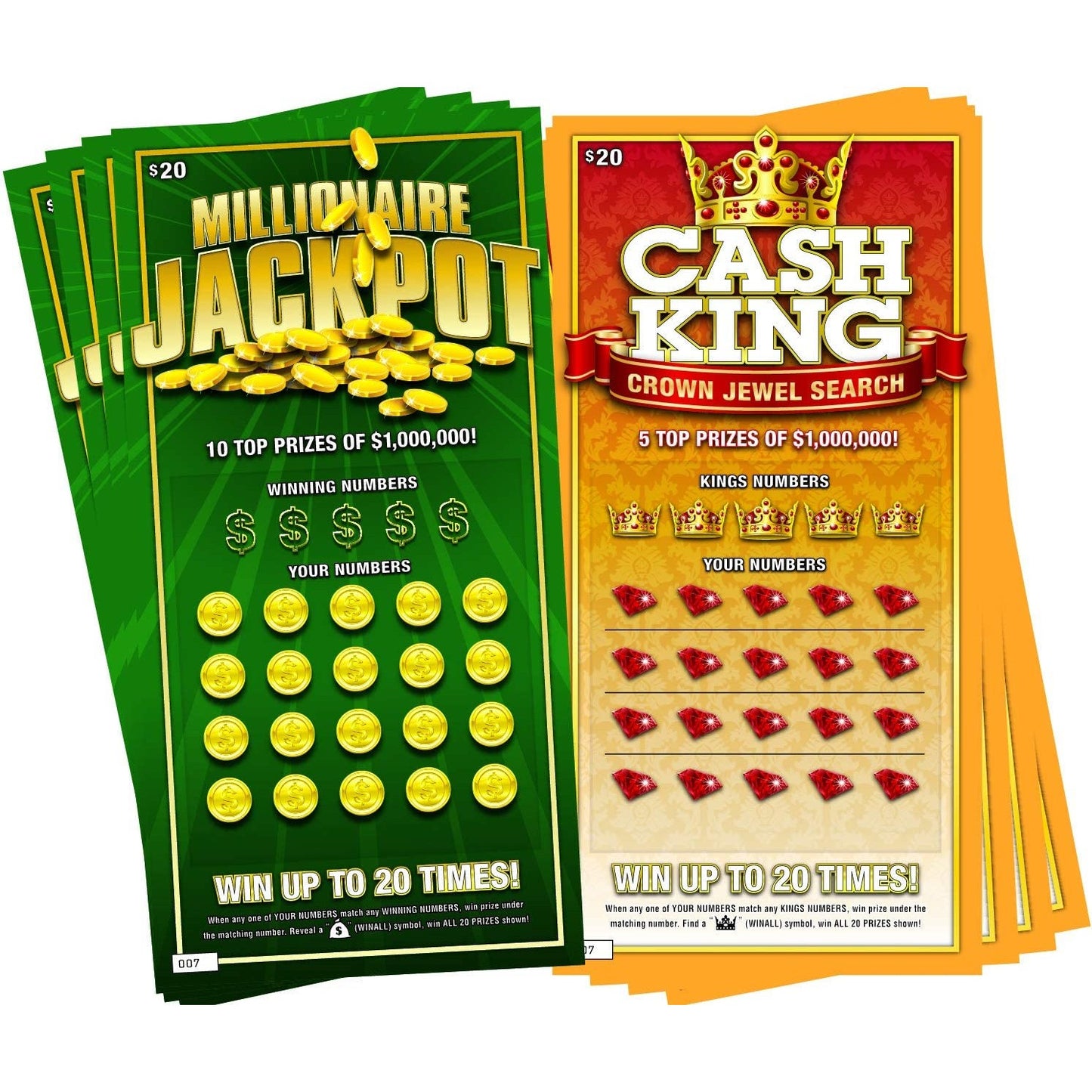 Eight fake lottery scratch-off tickets called Millionaire Jackpot and Cash King.