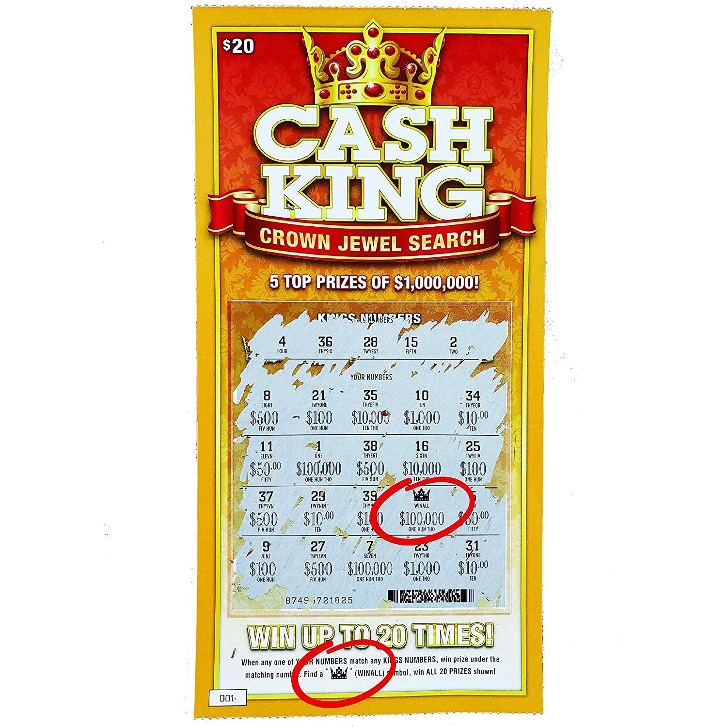 A scratch-off lottery ticket called Cash King. The ticket has been scratched off and shows a fake win of $100,000.