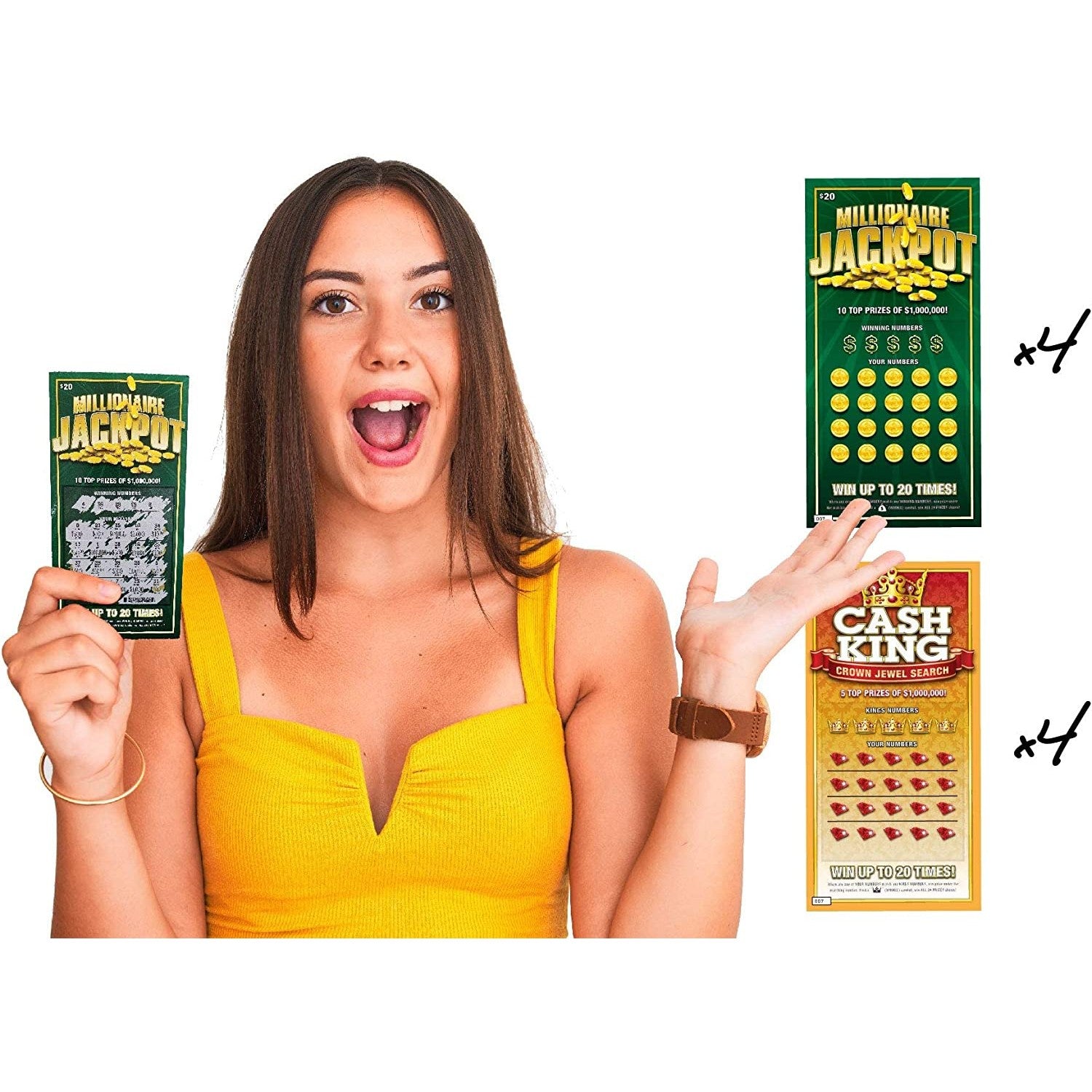 A woman is holding a fake winning lottery ticket. There are also examples of the fake lottery tickets available.