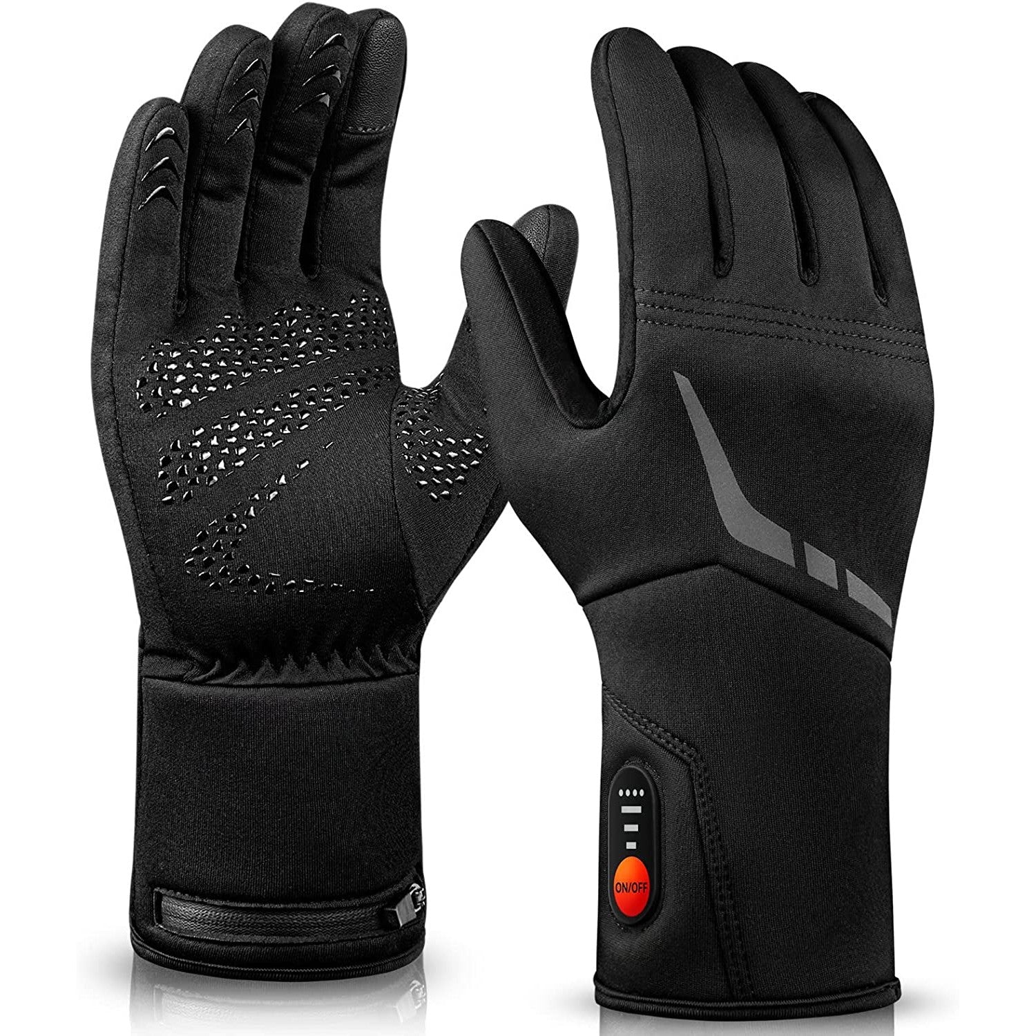 A pair of black rechargeable heated gloves.