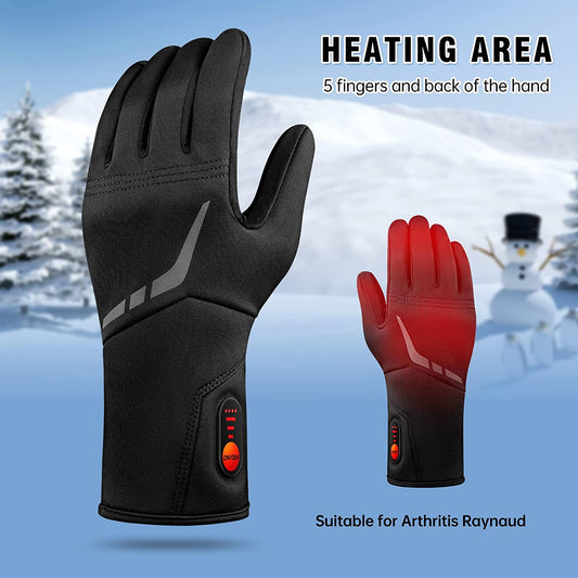 A pair of black rechargeable heated gloves with a snow background. The text says, 'Heating Area, 5 fingers and back of the hand. Suitable for Arthritis Raynaud.'
