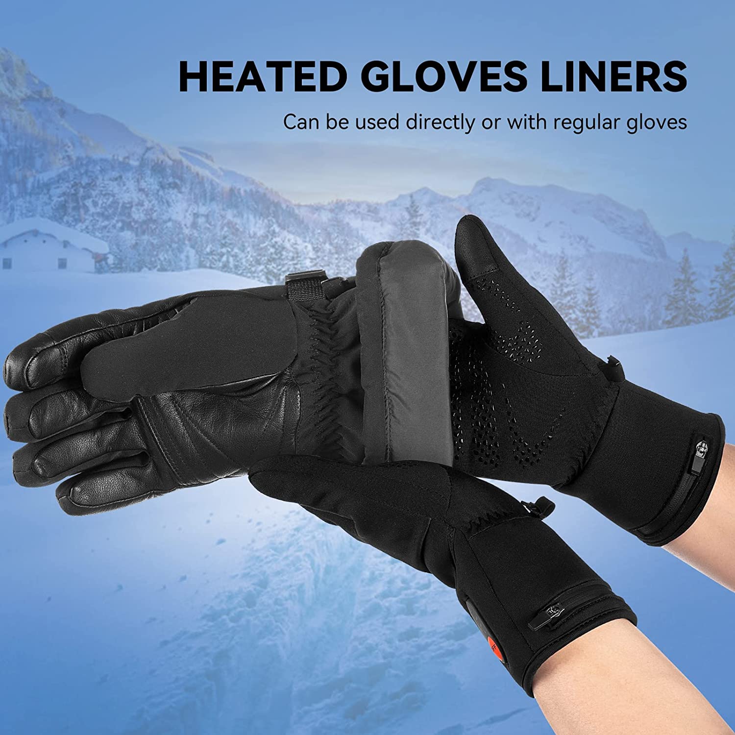 A person is wearing a pair of gloves and placing a rechargeable heated glove over one of the other gloves. The text says, 'Heated glove liners. Can be used directly or with regular gloves.'