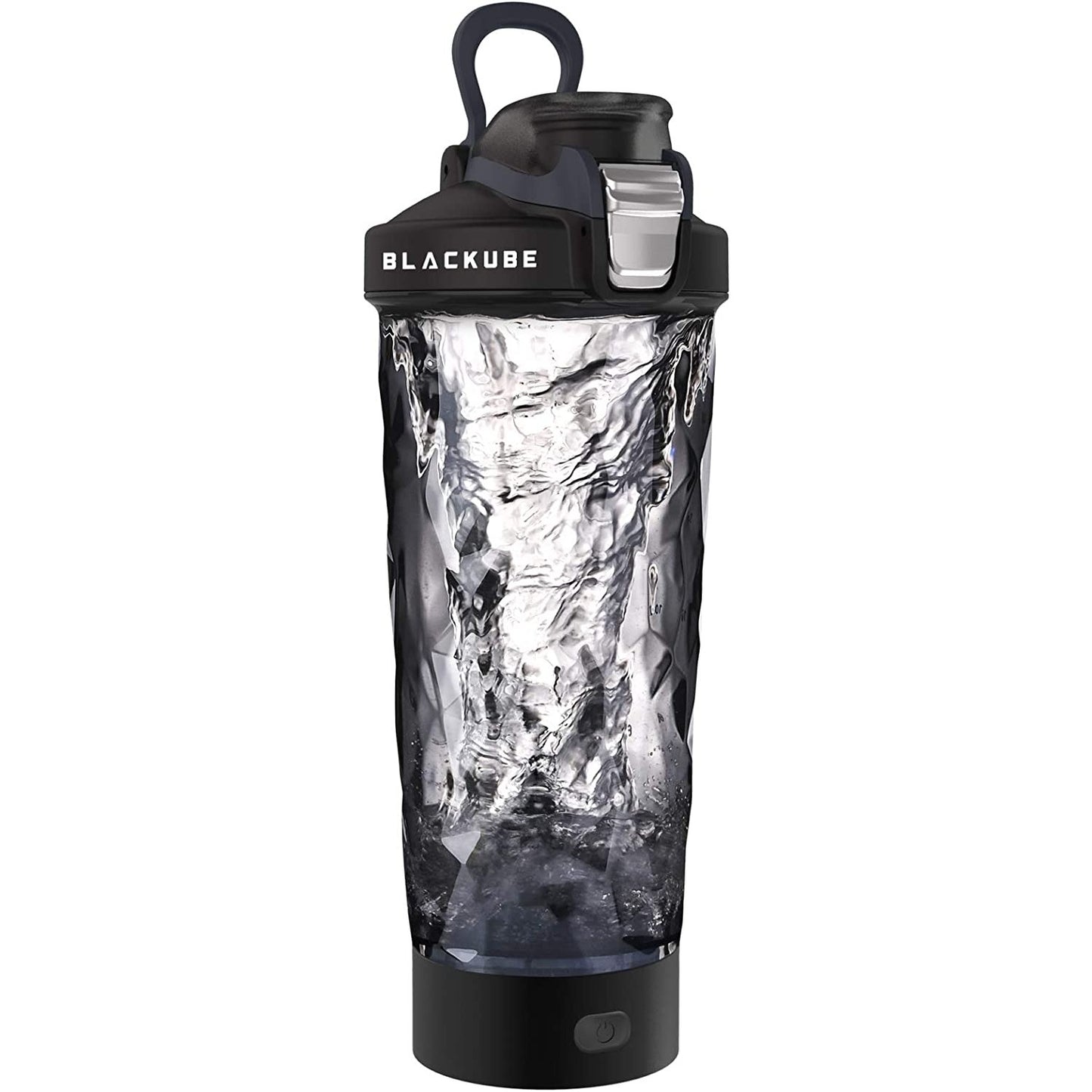 A black colored rechargeable protein shaker bottle with water being swirled around inside the clear container.