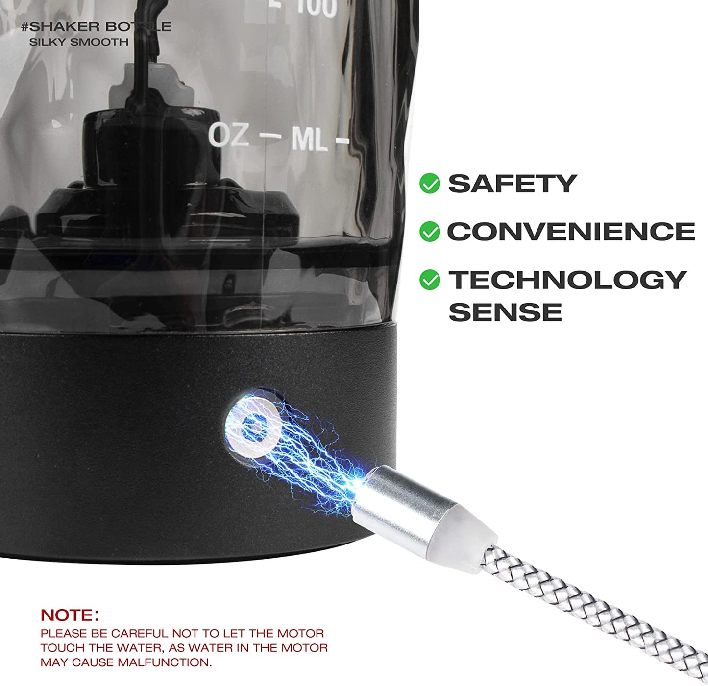 A close up view of a magnetic charging cable being plugged into a rechargeable protein shaker bottle. There is text which says, " Safety, convenience, technology sense".