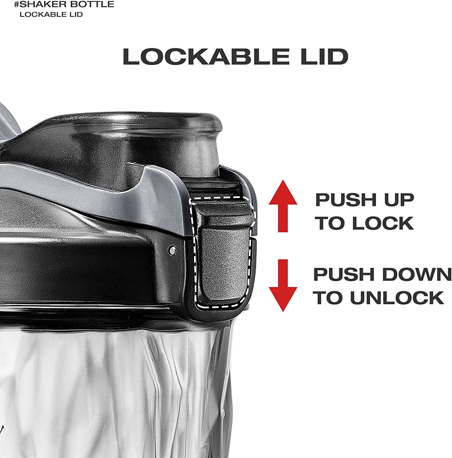 A close up of a lid which is used on a rechargeable protein shaker bottle. There is text which reads, "Lockable lid, push up to lock, push down to unlock."