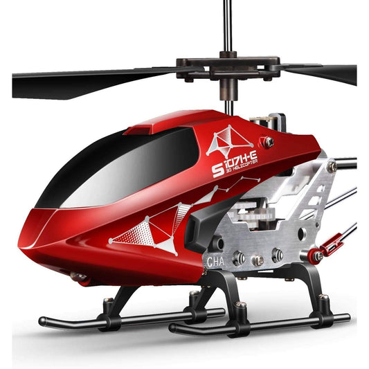 A red colored remote control helicopter model number S107H-E.