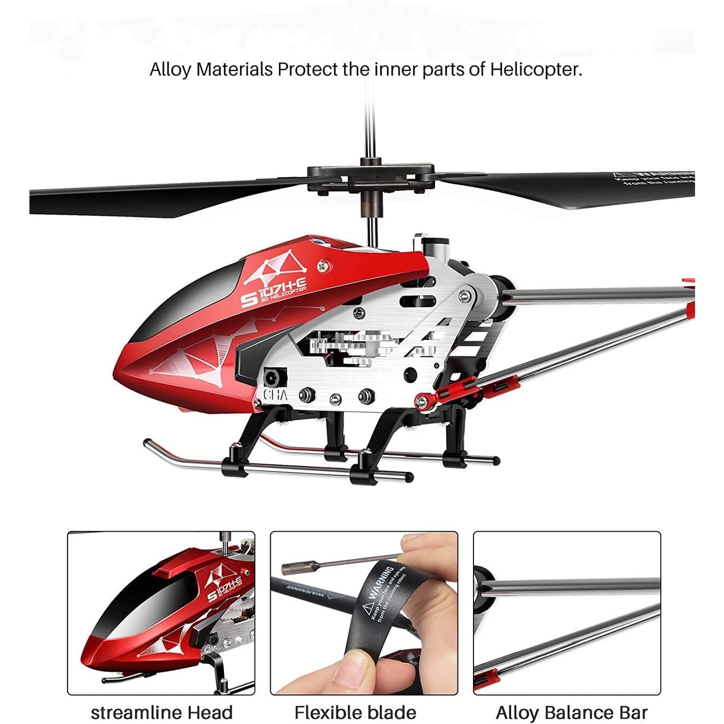 A collage of four images for a red remote control helicopter. There is text which reads, 'Alloy materials protect the inner parts of the helicopter.'
