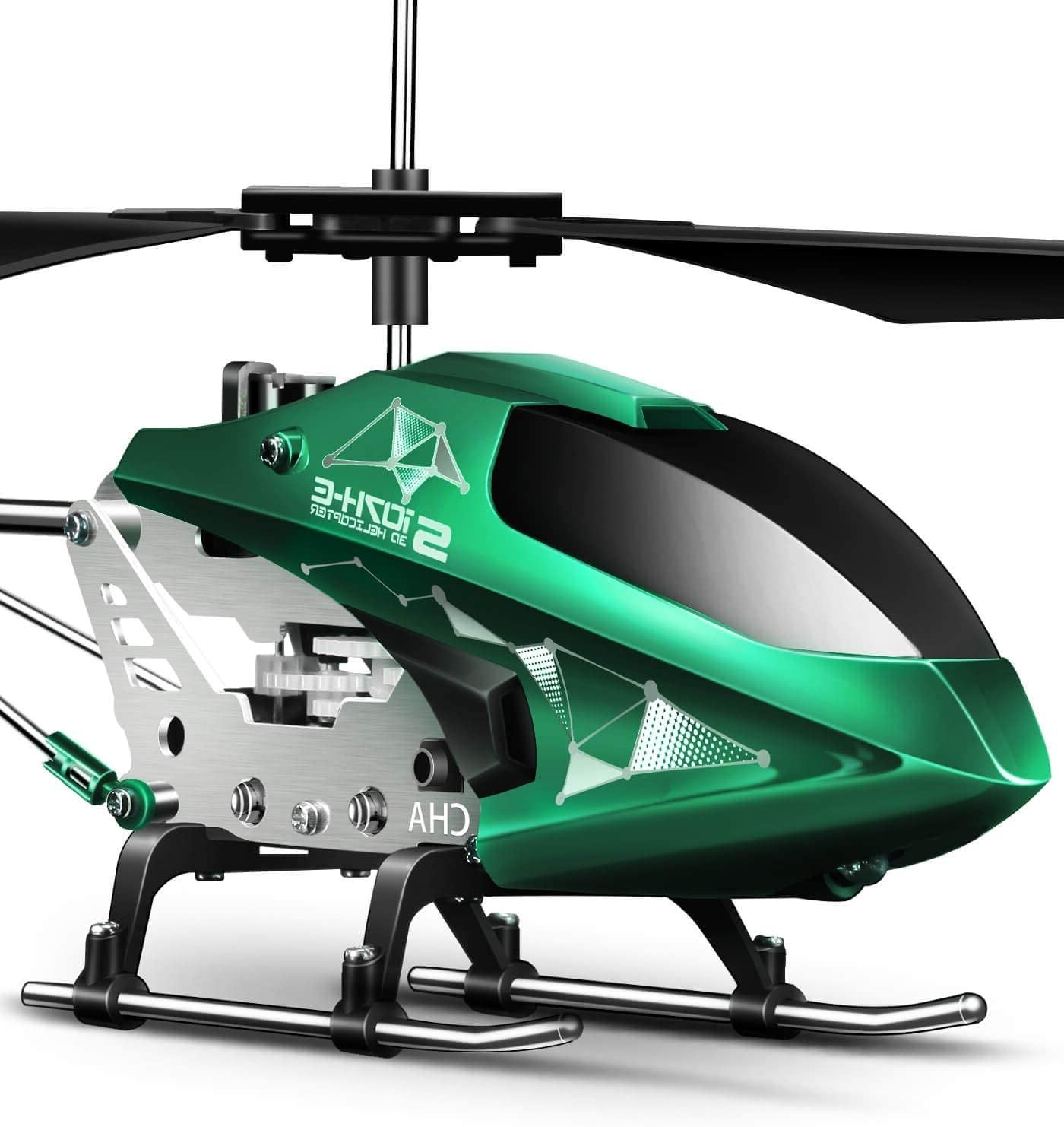 A green colored remote control helicopter with altitude hold. Model number S107H-E