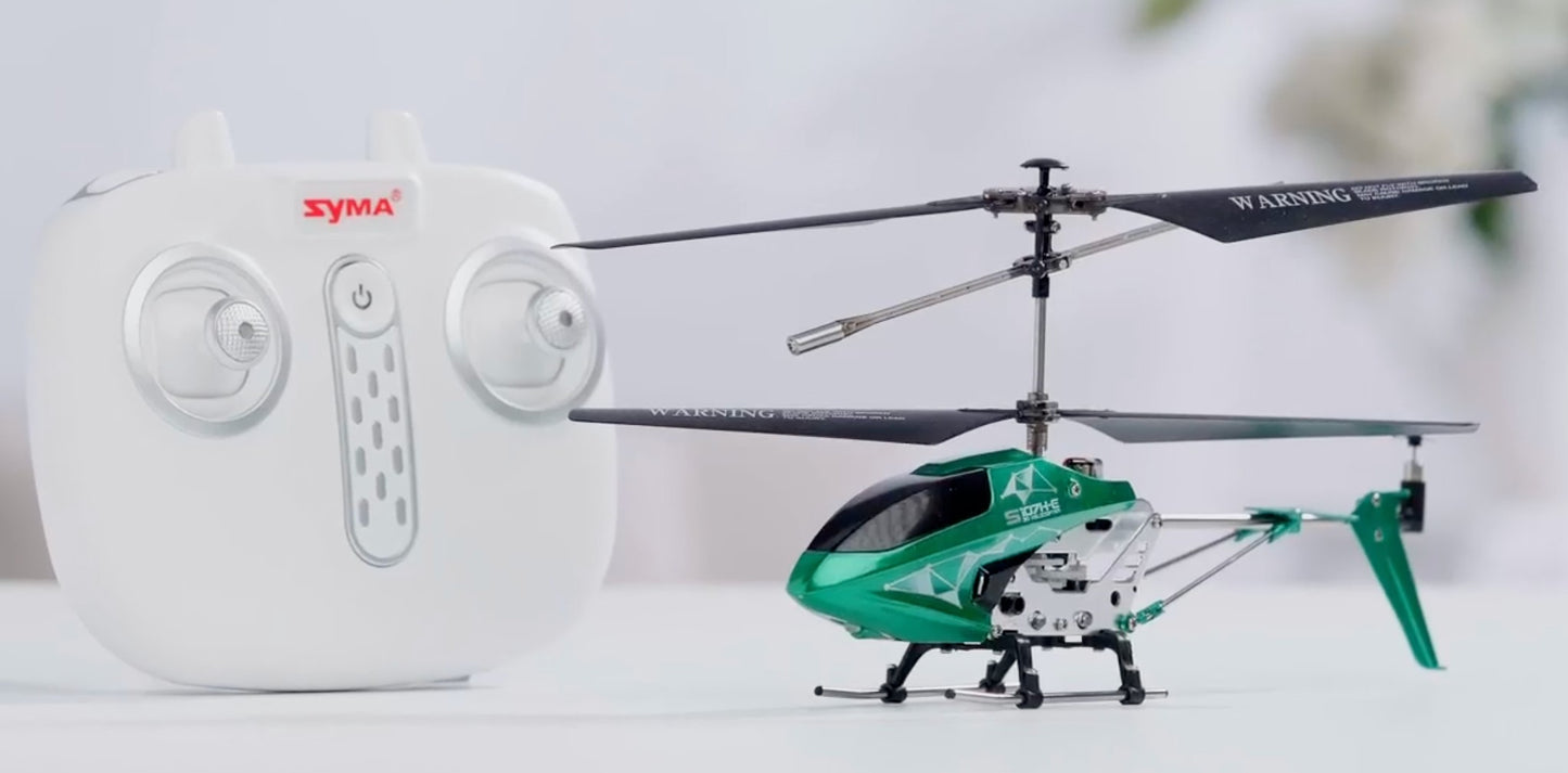A green colored remote control helicopter with a white colored remote control. the model number for the helicopter is S107H-E.