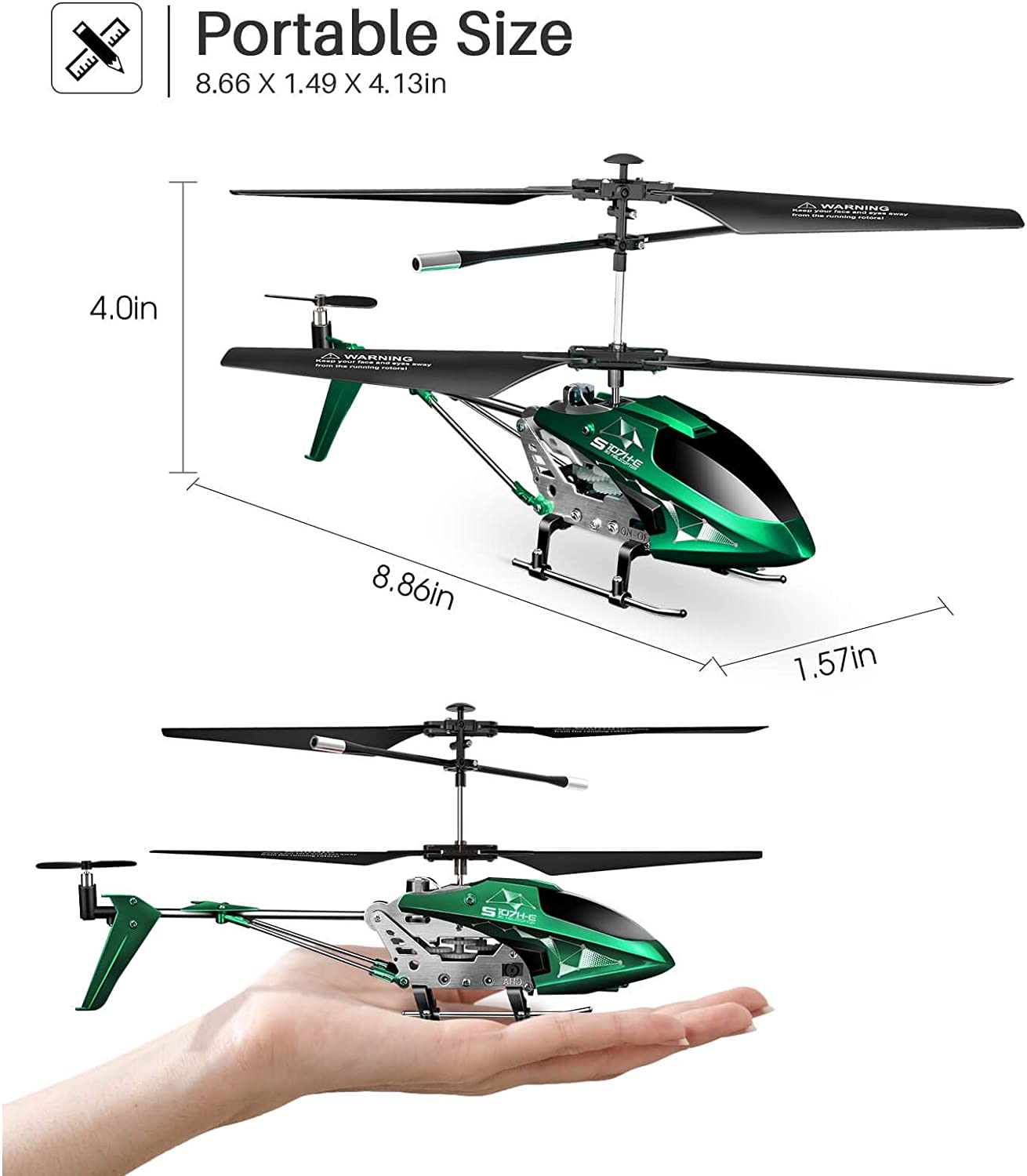 Size measurements for a green colored remote control helicopter model number S107H-E. The size is 8.86 inches depth, 1.57 inches wide and 4.0 inches height.