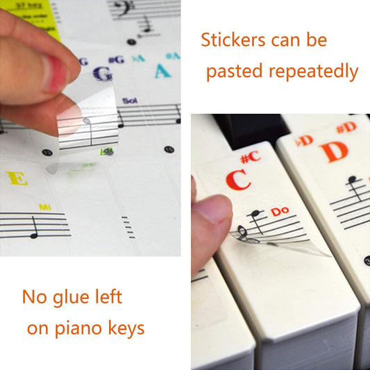 An example of a removable transparent piano sticker being peeled off its backing and applied to a piano keyboard. There is text which reads,"No glue left on piano keys"