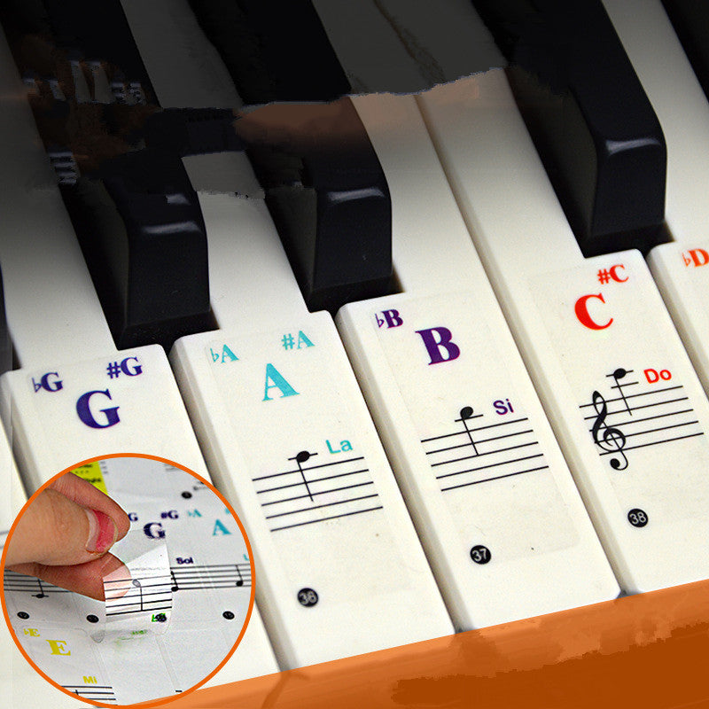 A close up view of removable piano stickers designed to help people learn the piano fast.