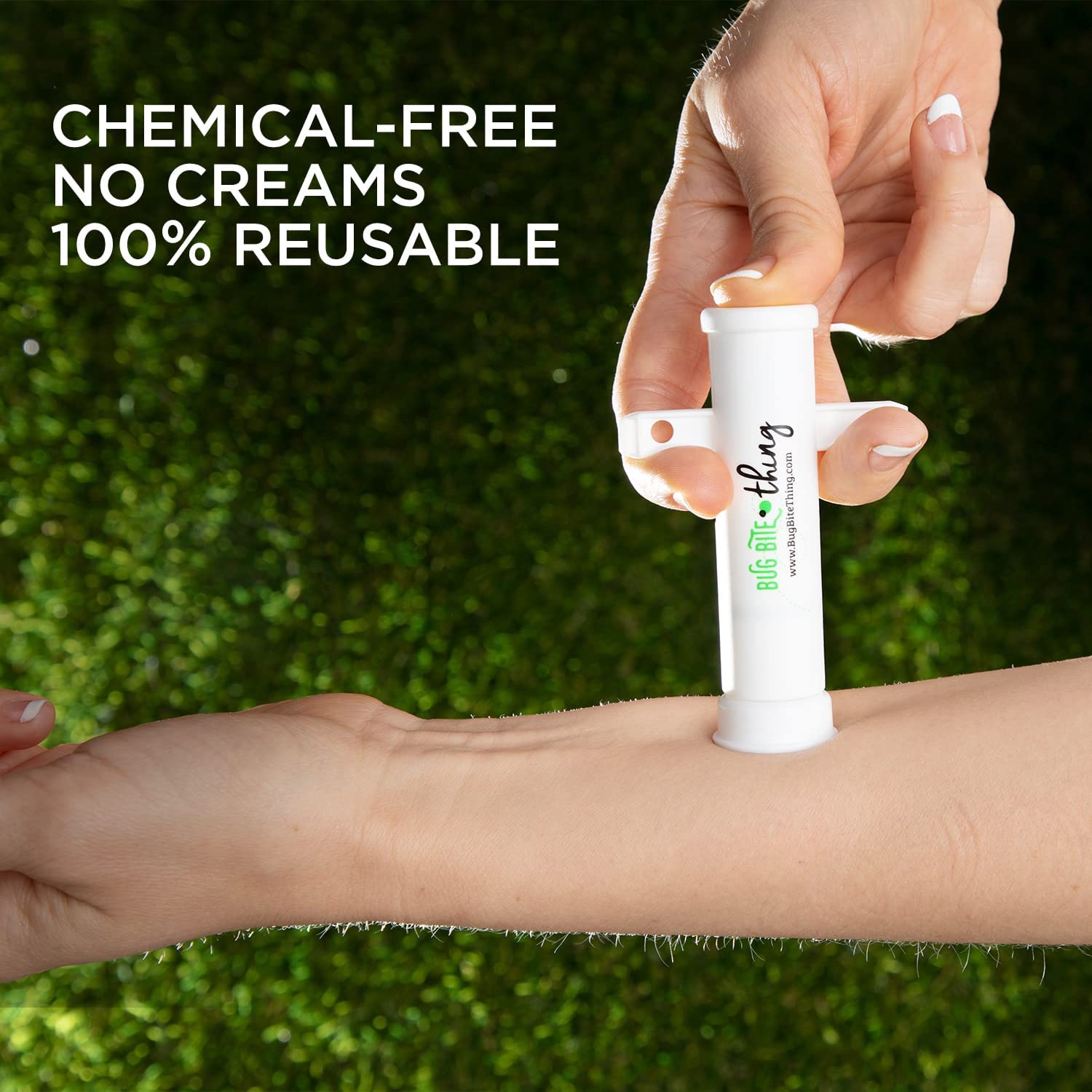 A pair of hands is using a suction device called, 'Bug Bite Thing.' The device is being pressed into the forearm. The text reads, 'Chemical-free no creams 100% reusable.'