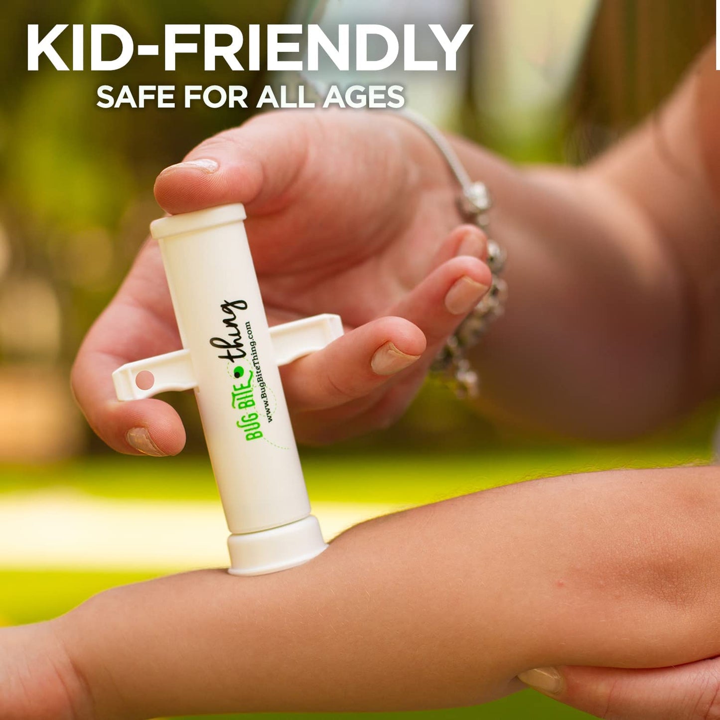 A person is pressing a gadget into a child's arm. The device helps to alleviate the pain from bug bites. The text reads, 'Kid-friendly safe for all ages.'