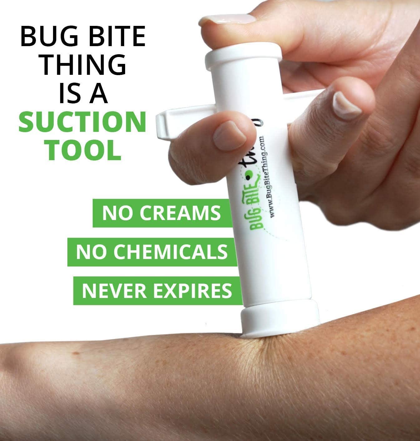 A person is using a device called Bug Bite Thing on their arm. The text reads, 'Bug bite thing is a suction tool. No creams, no chemicals, never expires.'