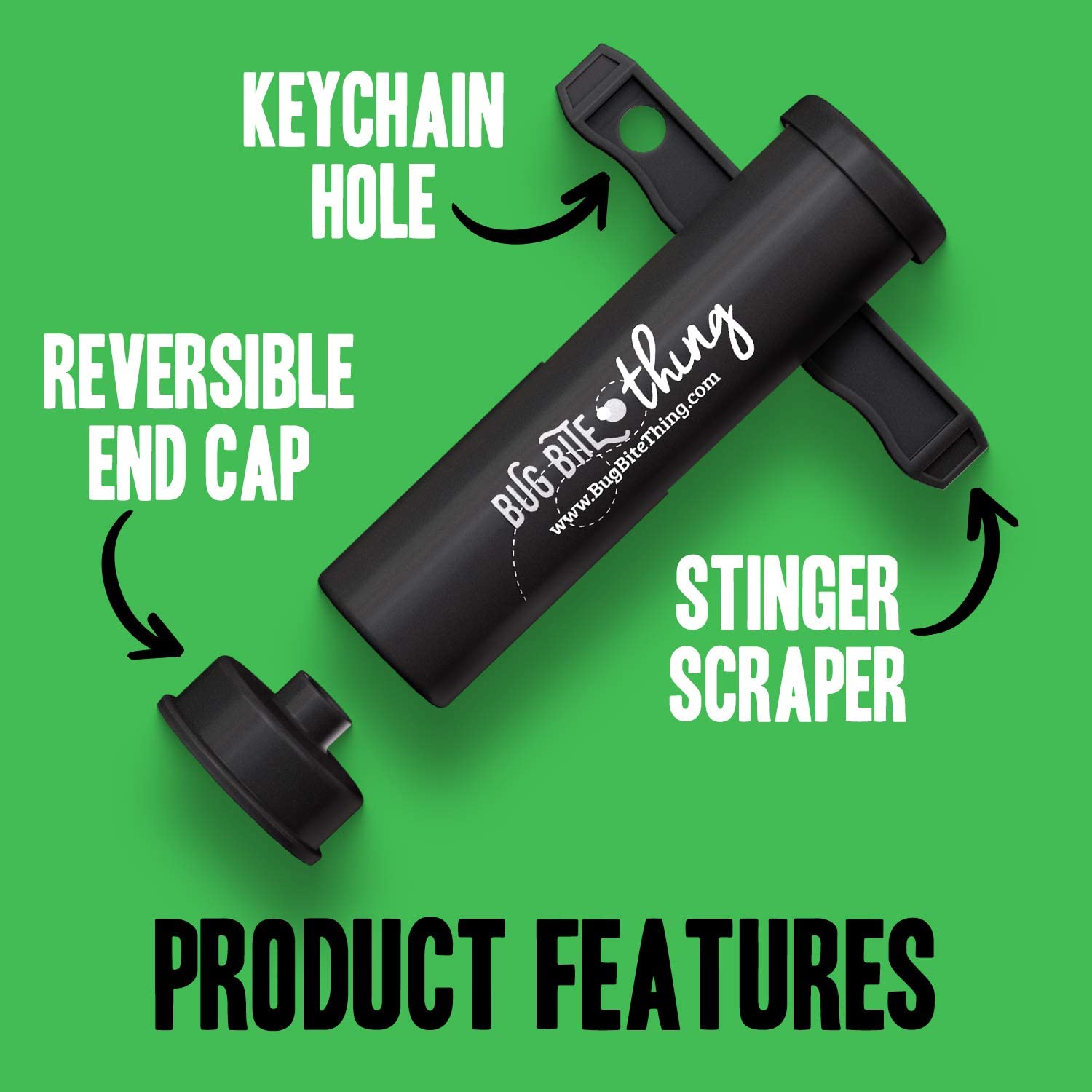 Product details about a gadget called Big Bite Thing. There is text around the gadget which says, 'Keychain hole, stinger scraper, reversible end cap.'