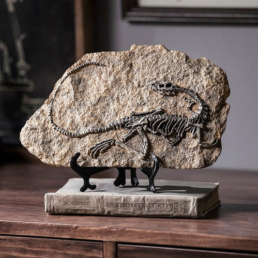 A resin dinosaur fossil on a black display stand.