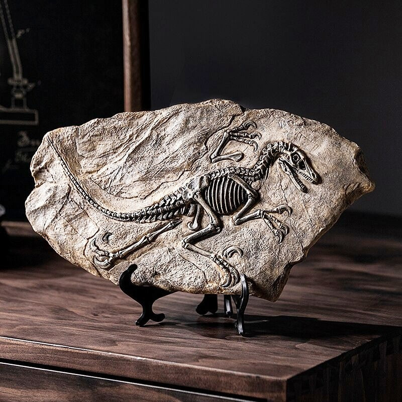A realistic dinosaur fossil made from resin on a black stand and wooden table.