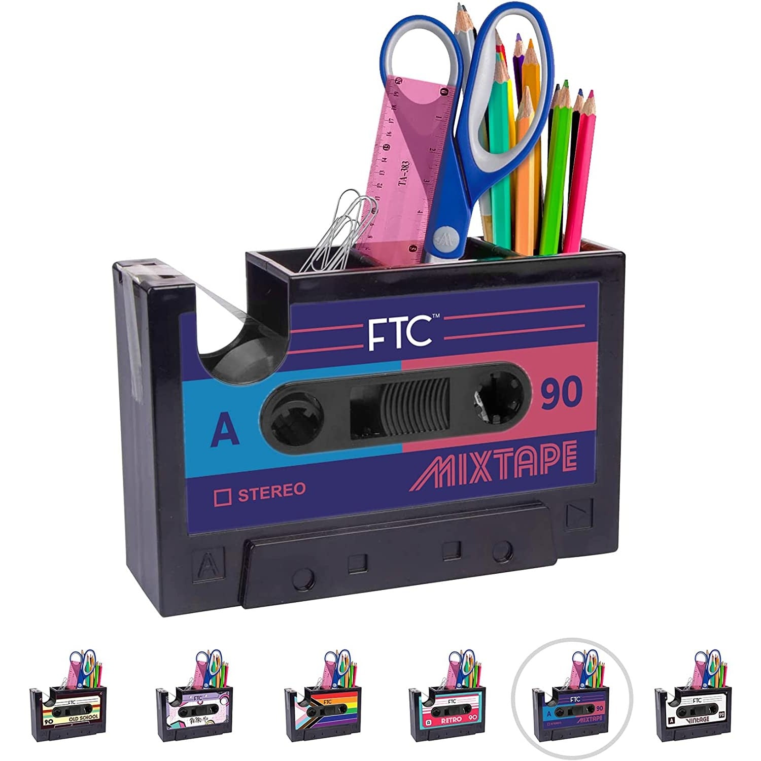 A retro cassette tape dispenser and stationary holder.