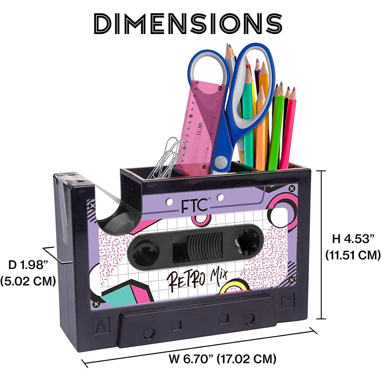 Size dimensions for a retro cassette tape dispenser and stationary holder. 17.02 cm width x 11.51 cm height x 5.02 cm depth.