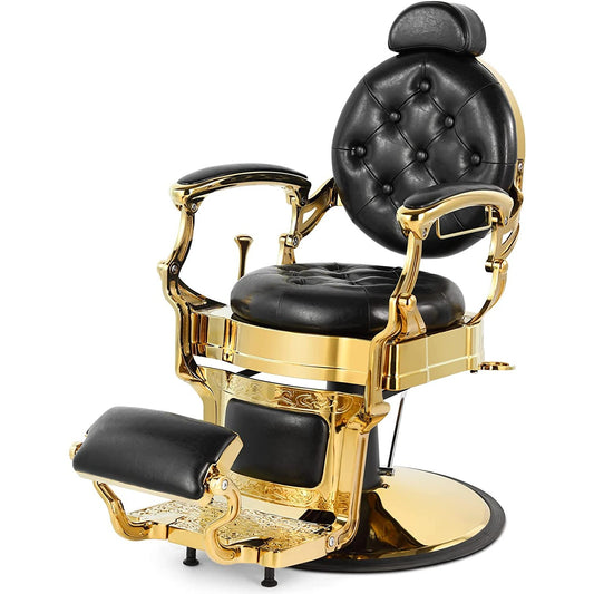 A gold chrome retro style hydraulic barbers chair with black cushioning.