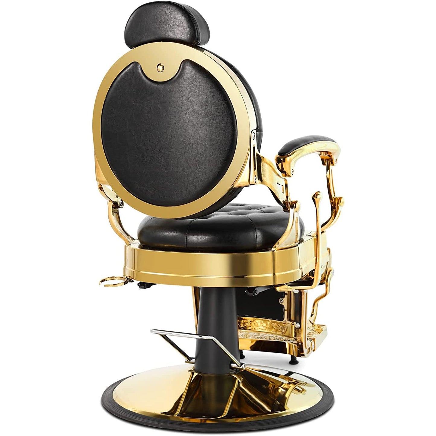 A back view for a retro style hydraulic barbers chair. The chair also features gold chrome with black button tufted cushioning.