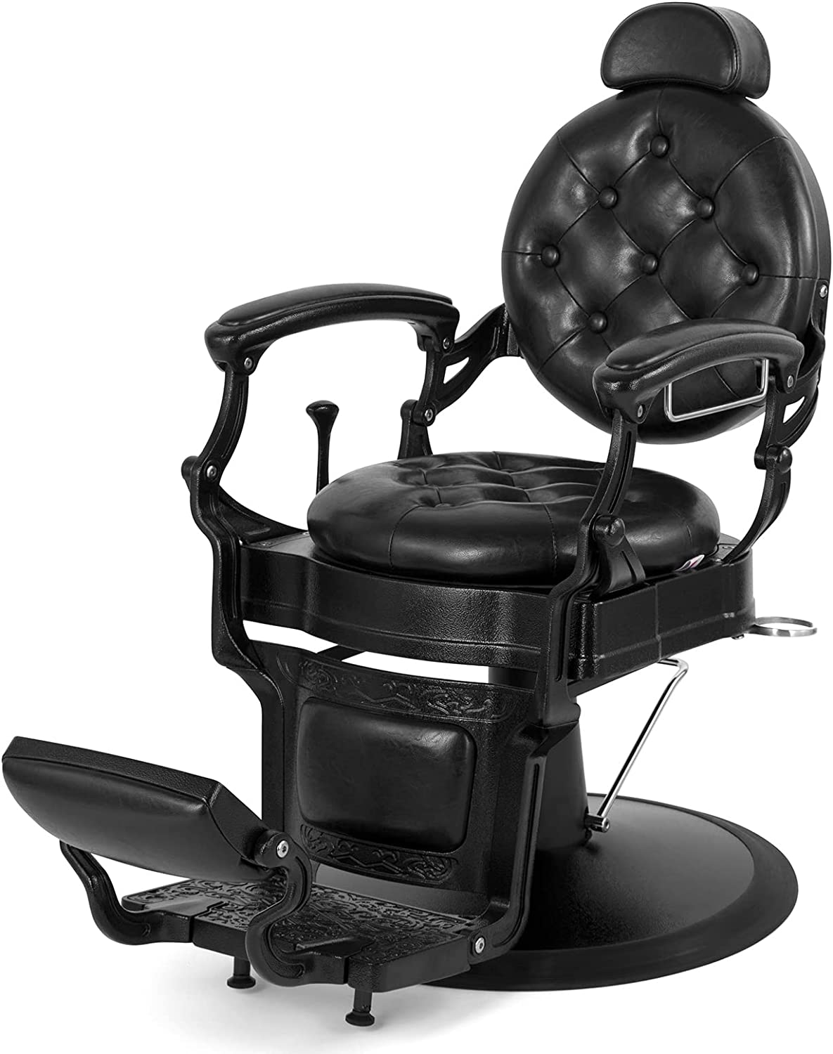 A black chrome retro style hydraulic barbers chair with black button tufted cushioning.