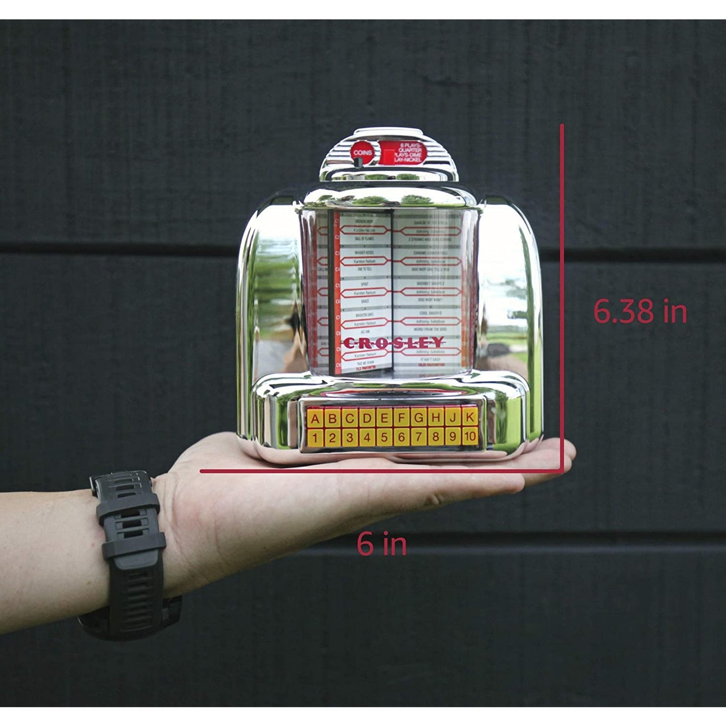 Size measurements for a retro jukebox radio. It measures, 6.38 inches in height by 6 inches wide.