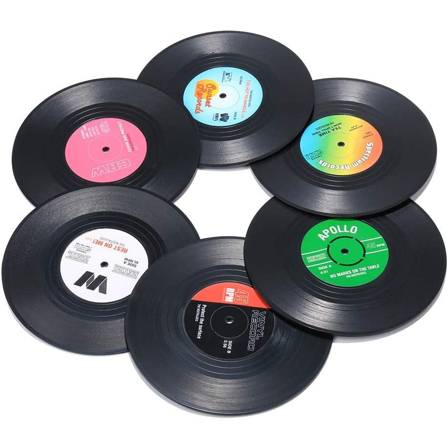 Set of six retro vinyl record drink coasters with colorful labels