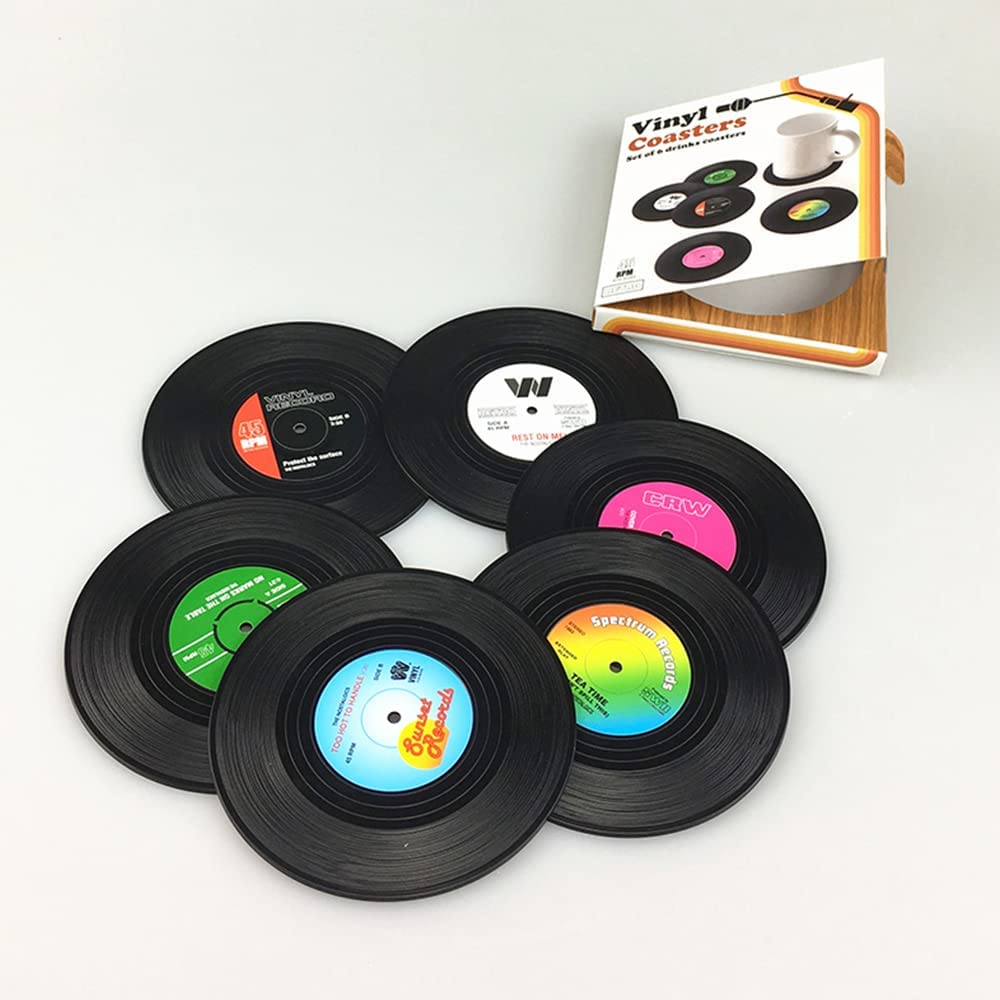 6 coasters shaped like old-school vinyl records. There is also a gift box included that the coasters are stored in.